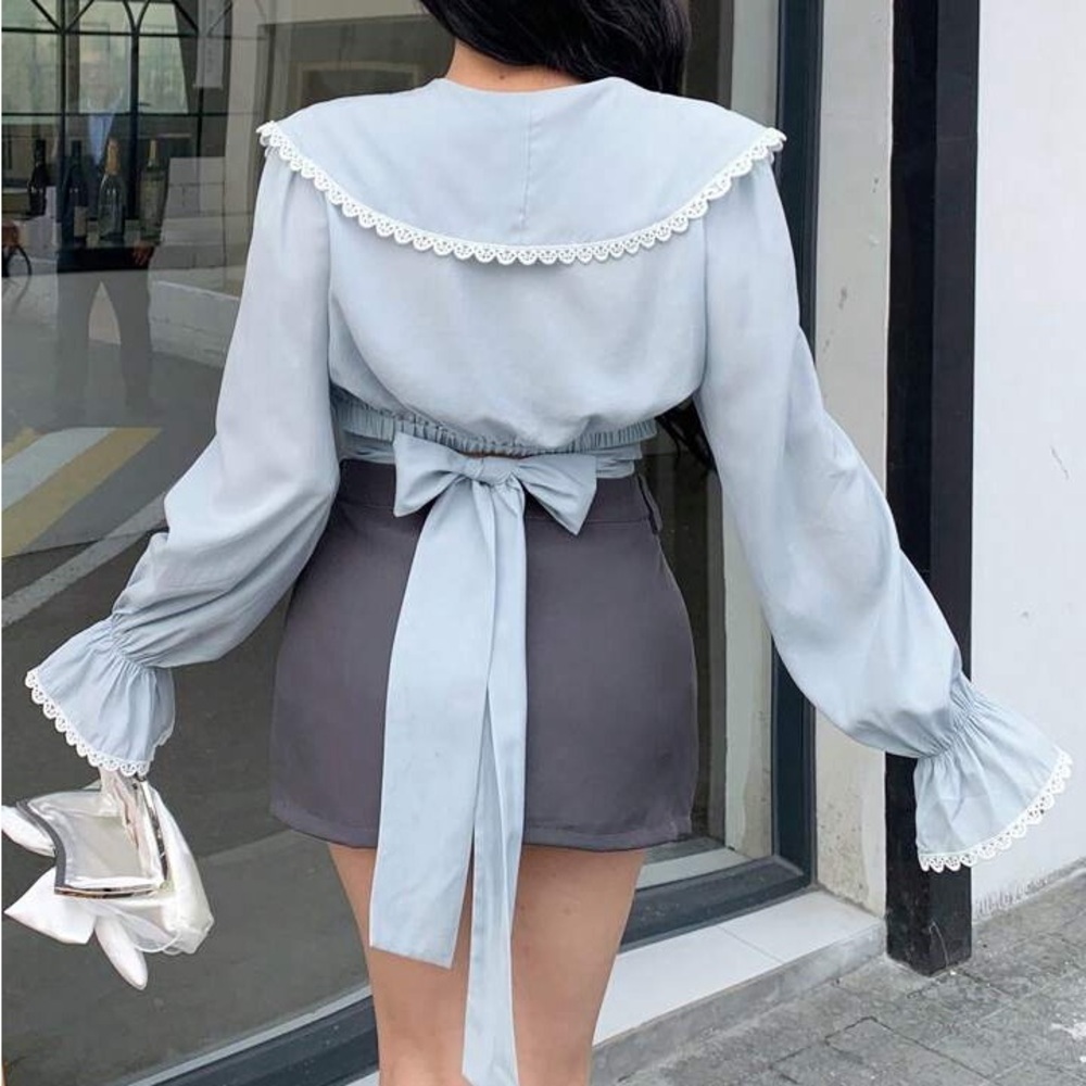 New Lace Trimmed Ruffle Sleeve Shirt Blouse - Picture 7 of 13